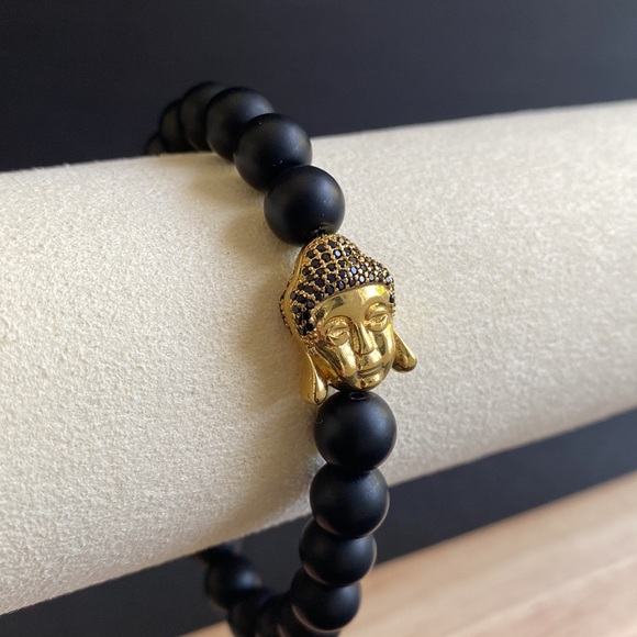 Matte Black Onyx & Gold Buddha Bead - Picture 1 of 4
